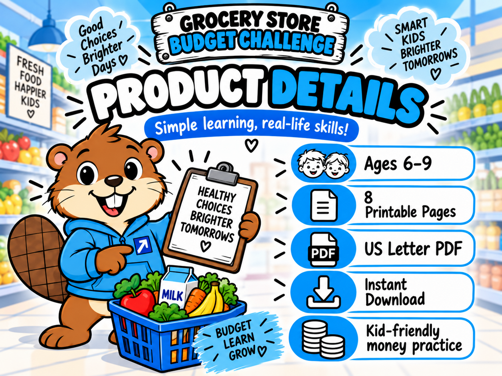 Grocery Store Budget Challenge product details ages 6 to 9 8 printable pages US Letter PDF
