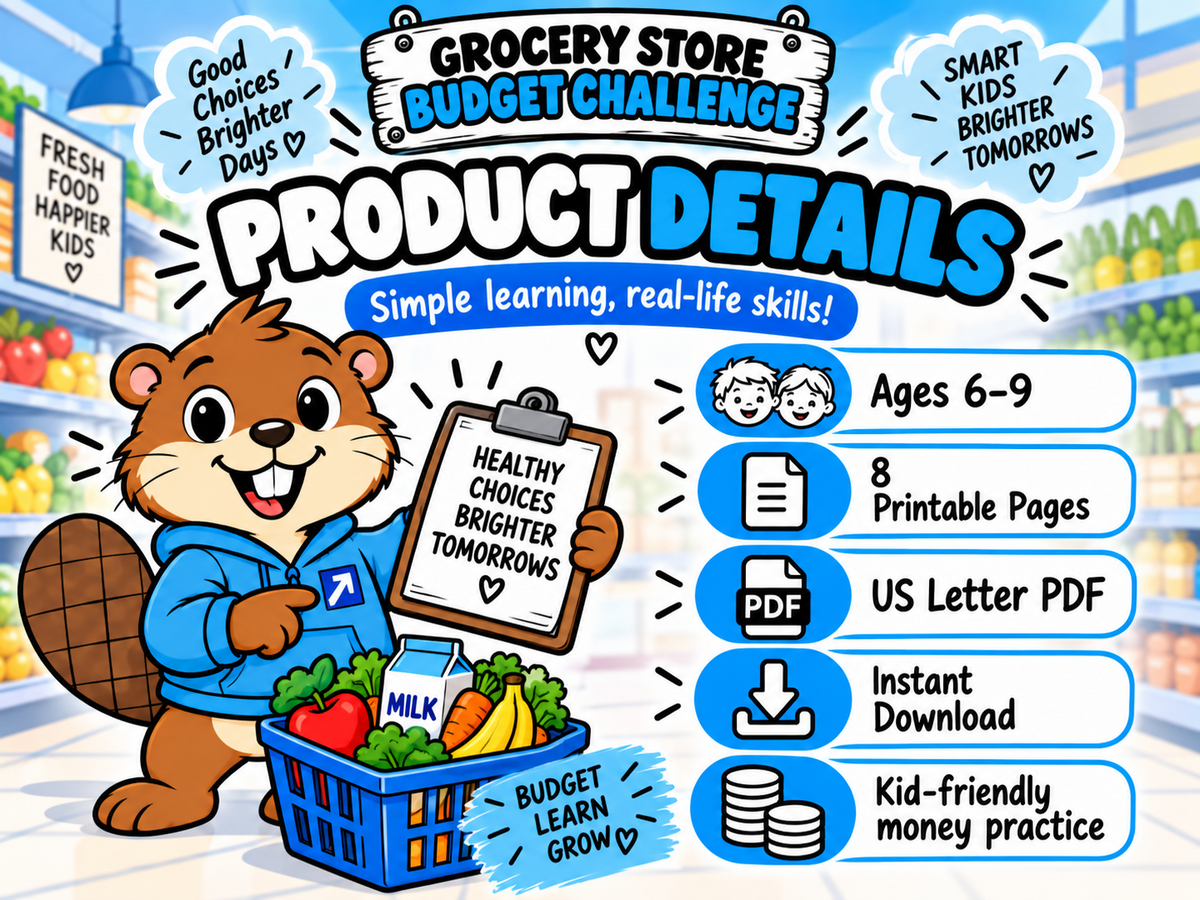 Grocery Store Budget Challenge product details ages 6 to 9 8 printable pages US Letter PDF