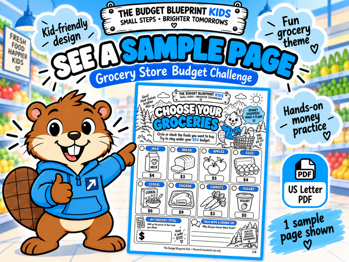 Sample page from the Grocery Store Budget Challenge printable