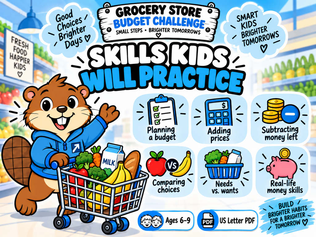 Money skills kids practice with the Grocery Store Budget Challenge printable