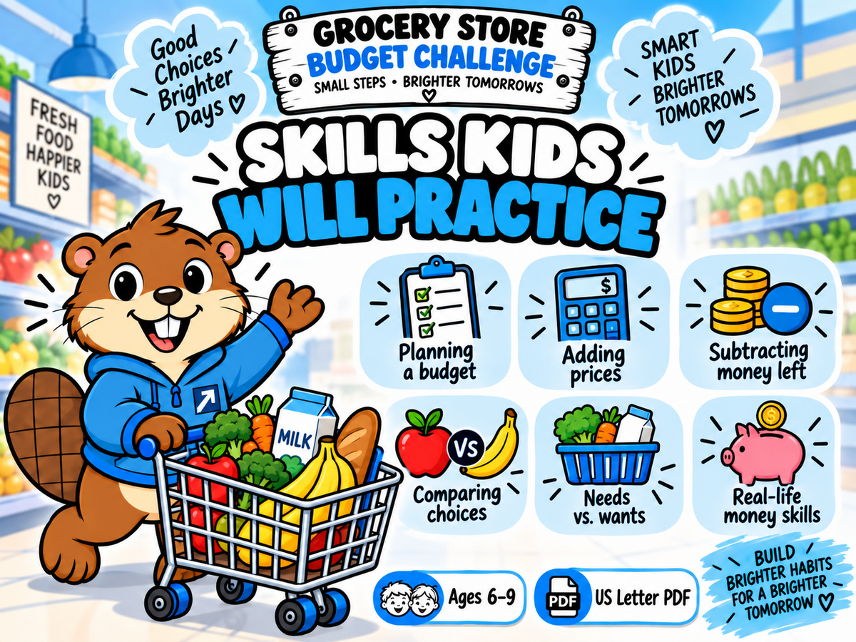 Money skills kids practice with the Grocery Store Budget Challenge printable