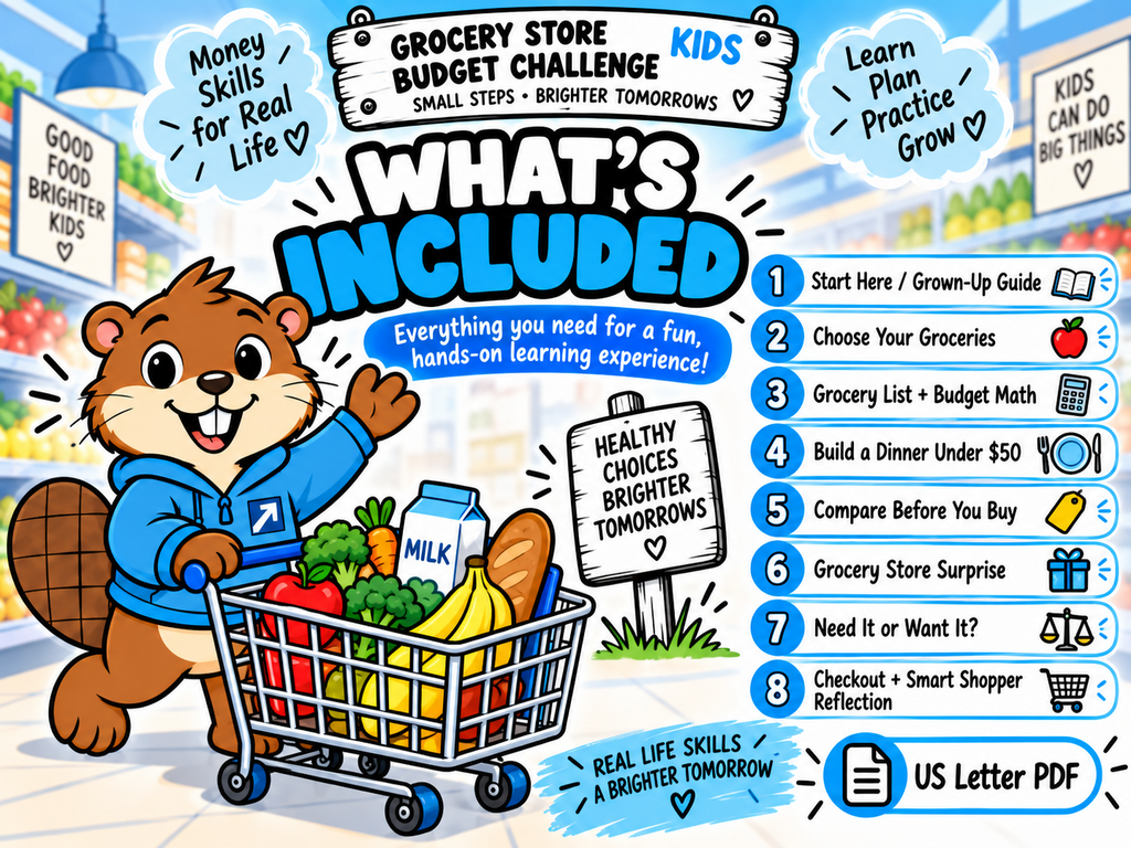 What's included in the Grocery Store Budget Challenge 8-page printable kit