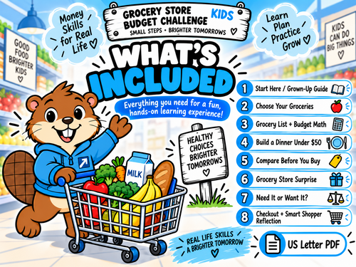 What's included in the Grocery Store Budget Challenge 8-page printable kit