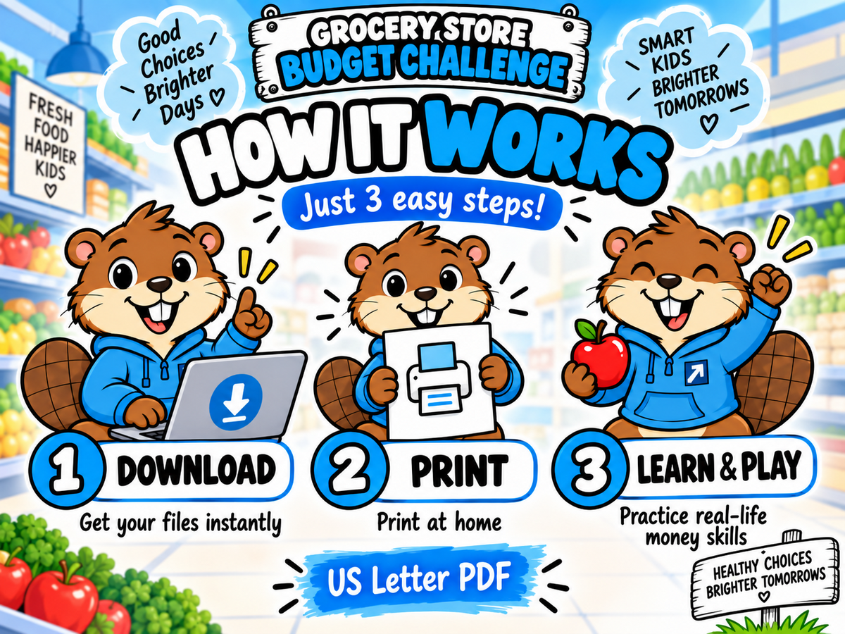 How the full color Grocery Store Budget Challenge works download print learn and play