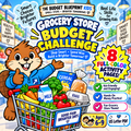 Full color Grocery Store Budget Challenge printable with 8 activity pages for kids ages 6 to 9