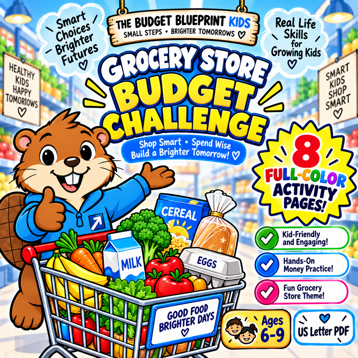 Full color Grocery Store Budget Challenge printable with 8 activity pages for kids ages 6 to 9