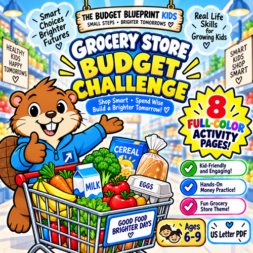 Full color Grocery Store Budget Challenge printable with 8 activity pages for kids ages 6 to 9