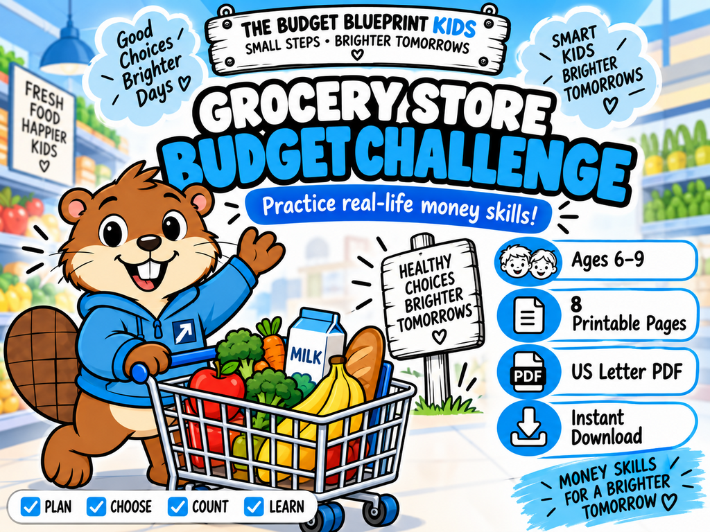 Grocery Store Budget Challenge printable product overview for ages 6 to 9