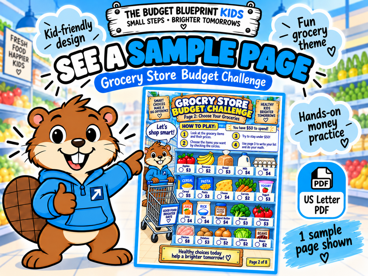 Sample full color page from the Grocery Store Budget Challenge printable
