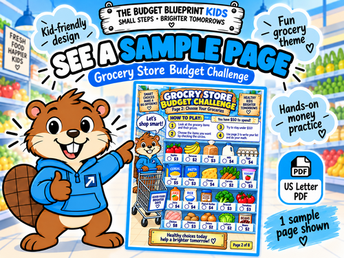 Sample full color page from the Grocery Store Budget Challenge printable